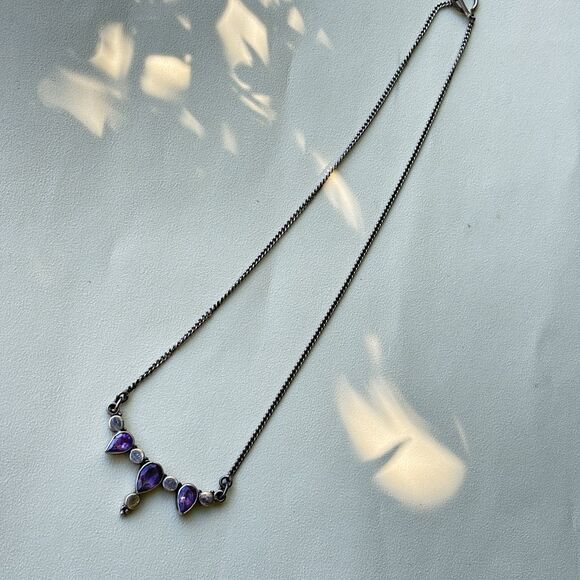 925 Sterling Silver Amethyst Necklace Artisan Design Pear Drop Stones 16” Toggle - Picture 4 of 7